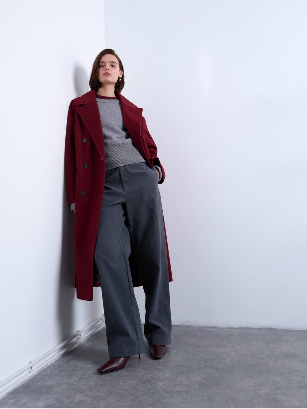 Topshop clean double breasted longline coat in burgundy
